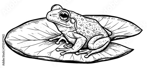 Frog on Lotus Leaf Pond Plant Black and White Outline Line Art Drawing Detailed Illustration Nature Scene