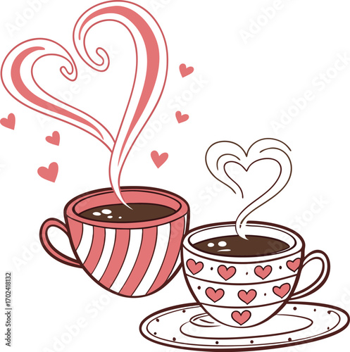 Two coffee cups with heart shaped steam illustration for cafes and romance