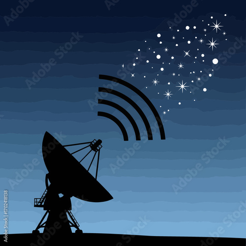 Satellite dish receiving signals from stars silhouette isolated on white background