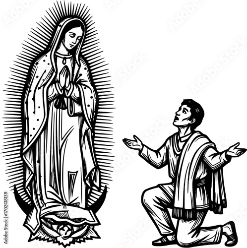 Hand drawn illustration of Virgin of Guadalupe and Juan Diego.
