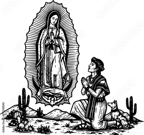 Hand drawn illustration of Virgin of Guadalupe and Juan Diego.
