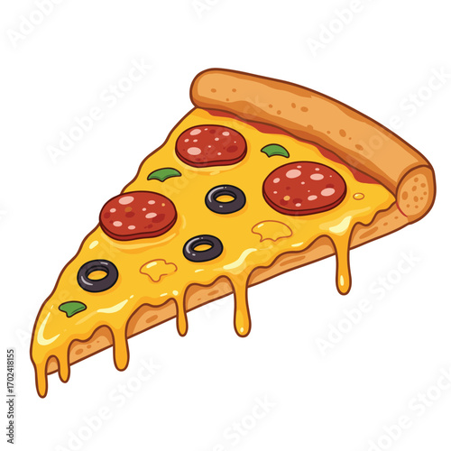 illustration of a pizza isolated on white background. pizza slice with salami,mushrooms, basil leaf and melted cheese for pizzeria package and menu designs. Flat Vector illustration