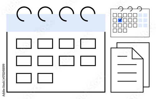 Desktop calendar layout with marked date and supporting documents for organization. Ideal for planning, scheduling, productivity, business, deadlines, goals, reminders, flat simple metaphor