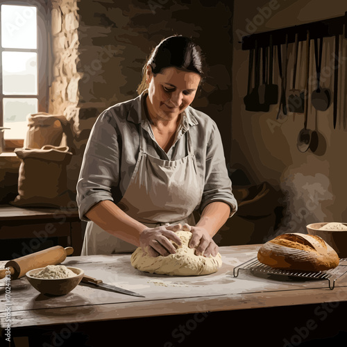 Baker kneading dough in a rustic kitchen silhouette isolated on white background
