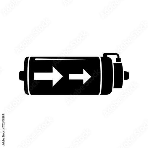 Water filter cartridge silhouette with flow arrows isolated on white background