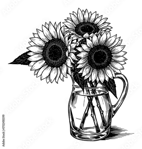 Sunflowers in Glass Pitcher Black and White Outline Line Art Drawing with Detailed Petals and Stems