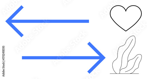 Blue arrows point left and right, paired with a minimalist heart and leafy shape. Ideal for minimalistic design, navigation, direction, communication, love, nature, and a simple landing page