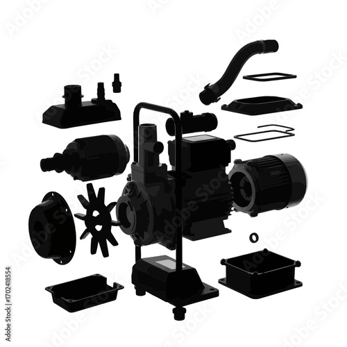 Exploded view of a water pump with motor and impeller silhouette isolated on white background