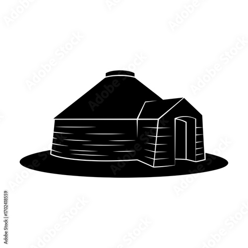 Traditional yurt dwelling silhouette isolated on white background