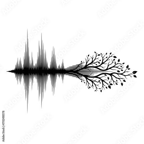 Sound wave transforming into a tree silhouette isolated on white background