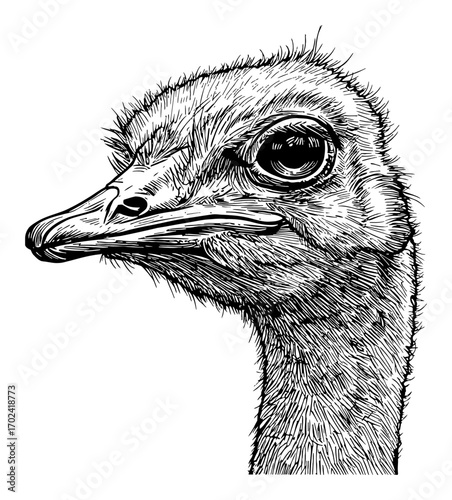 Detailed Majestic Ostrich Head Portrait Side View Black and White Outline Line Art Drawing Vintage Engraving Style Isolated