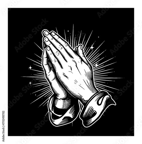 Praying Hands with Sun Ray Shining and Sparkling Effects Black and White Outline Line Art Drawing