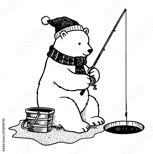 A Cute Polar Bear Ice Fishing on an Ice Hole Wearing Hat Scarf Black and White Outline Line Art Drawing