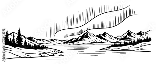 Arctic Landscape with Lake Mountains and Aurora Black and White Outline Line Art Drawing Coloring Book Style