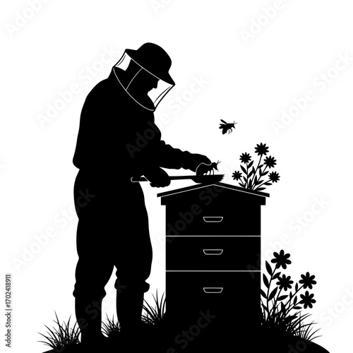 Beekeeper tending to beehive with flowers and bees silhouette isolated on white background