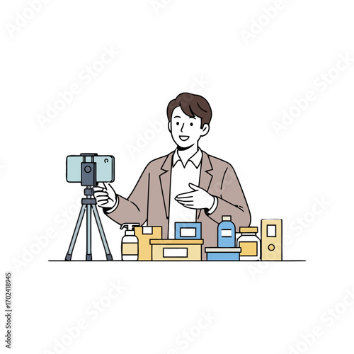 Man filming cosmetic product review for social media