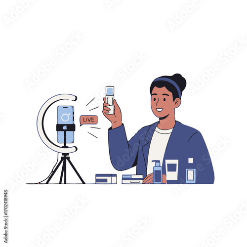 Woman is live streaming cosmetic product