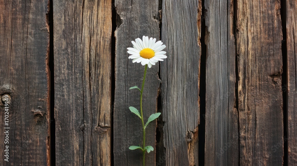 Obraz premium Solitary Daisy Against Rustic Wooden Fence