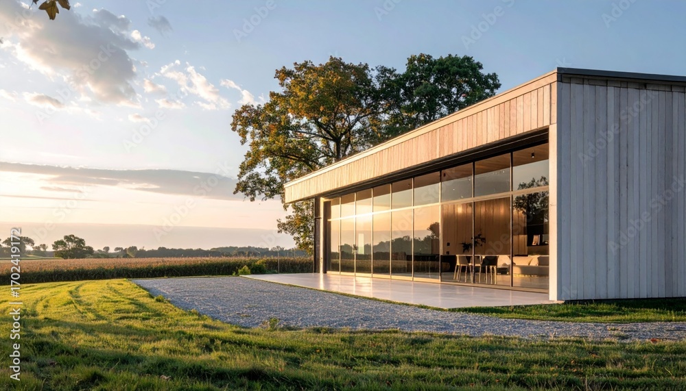 Obraz premium Modern House with Large Windows Surrounded by Green Landscape