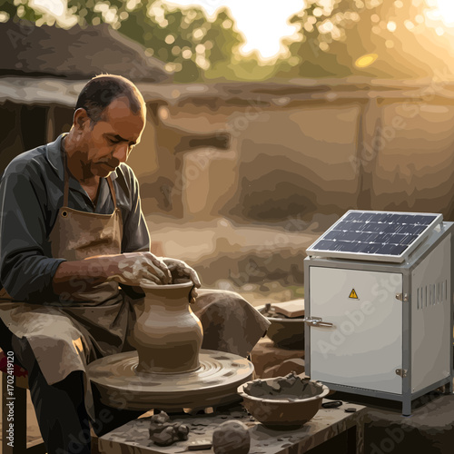 Potter working on clay pot with solar panel power unit isolated on white background silhouette