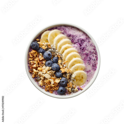 Delicious and Healthy Blueberry Banana Smoothie Bowl with Granola and Nuts