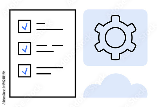 Task checklist with blue checkmarks, gear symbol, and cloud element. Ideal for productivity, workflow, process optimization, planning, cloud service, task management simple landing page