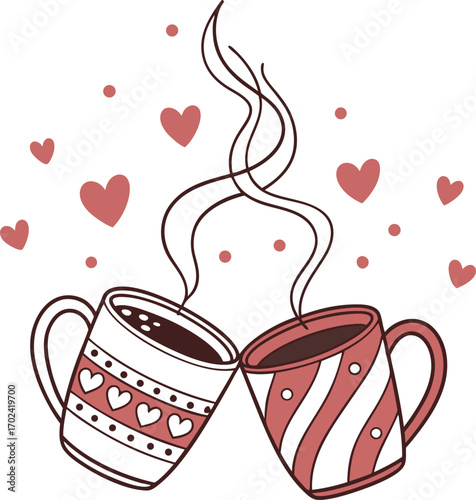 Two mugs clinking together with heart shaped steam illustration