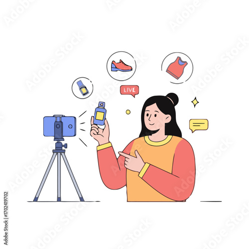 A woman is recording a live video review fashion products isolated background