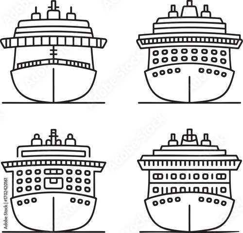 Set of Cruise ship Outline vector illustration isolated On Transparent Background
