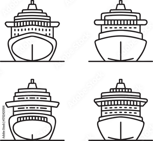 Set of Cruise ship Outline vector illustration isolated On Transparent Background