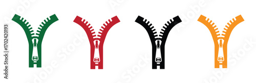 Colorful zipper icons for fashion projects and creative designs green red black and orange zippers on white background perfect for graphic elements and clothing themes
