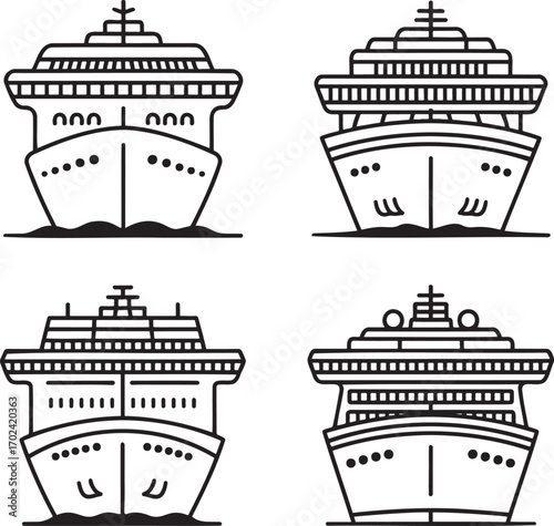 Set of Cruise ship Outline vector illustration isolated On Transparent Background