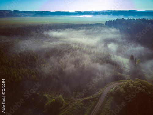 Aerial view landscape on foggy morning in countryside with lake and forest

