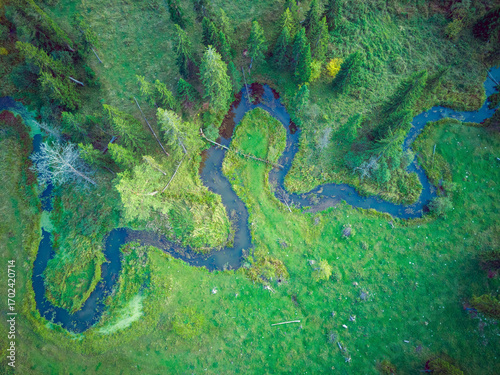 Aerial top view landscape with river and meadow