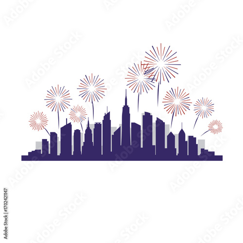 City skyline silhouette with colorful fireworks display at night  