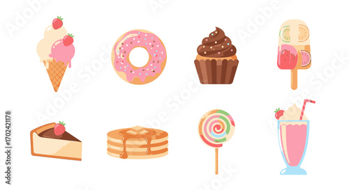Colorful flat vector icon set of various sweet desserts and confectionery, symbolizing sugary cravings and delightful indulgence