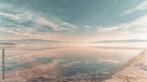 Serene Lake Reflection at Dawn, Capturing the Misty Horizon and Tranquil Waters Under a Cloudy Sky