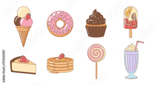 A vibrant and colorful illustrated collection of various sweet desserts and confectionery food items