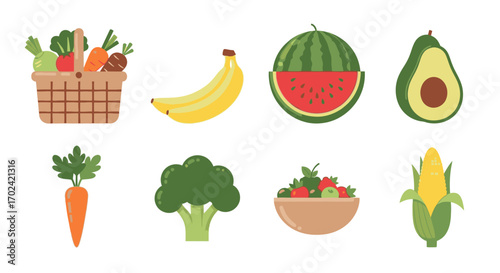 A vibrant flat design vector illustration set of organic fruits and vegetables, symbolizing freshness, healthy eating, and a nutritious diet