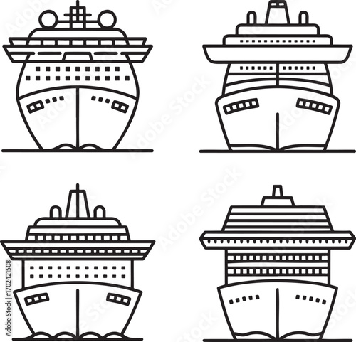 Set of Cruise ship Outline vector illustration isolated On Transparent Background