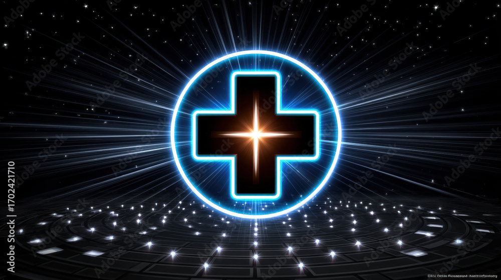 Obraz premium Glowing medical cross emblem digital board central light futuristic blue healthcare technology night abstract radiant