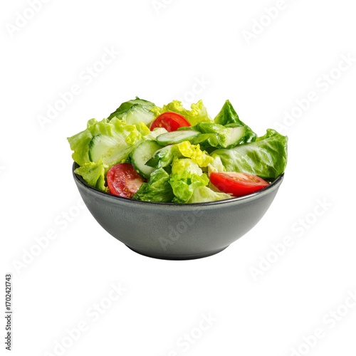 Fresh Green Salad with Cherry Tomatoes and Cucumber in a Gray Bowl