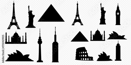 A collection of iconic black silhouettes representing famous global landmarks and architectural wonders from around the world.