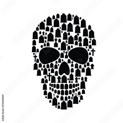 Spooky vector of gravestones arranged into skull shape for halloween concept