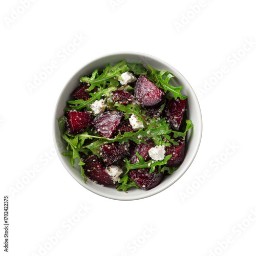 Roasted Beetroot and Goat Cheese Salad with Arugula in White Bowl