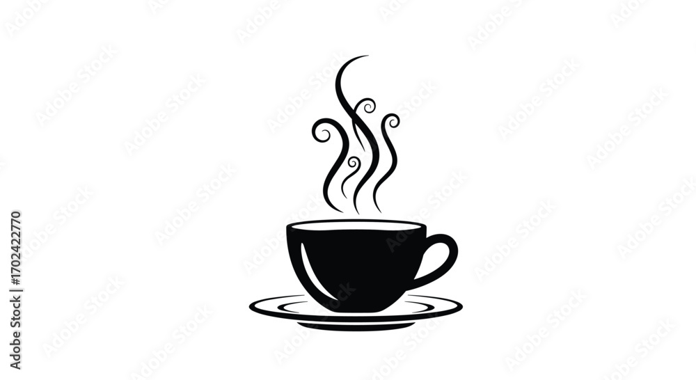 Obraz premium Aromatic warm beverage in a ceramic cup with rising steam and decorative swirls on a saucer