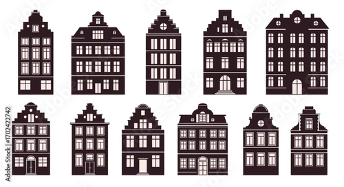 Collection of historic dutch architecture silhouettes showing distinctive facades and rooftops