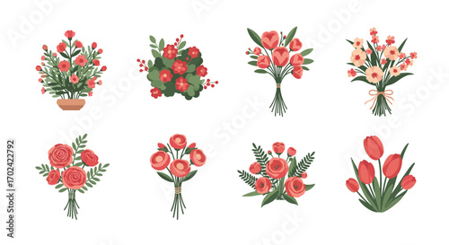 Collection of pixel art floral bouquets in various arrangement styles