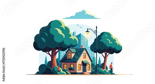 A charming suburban house bathed in the warm glow of streetlights surrounded by lush green trees and a serene sky