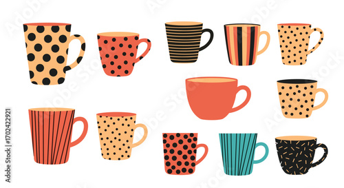 Collection of ceramic mugs featuring diverse decorative patterns and vibrant color palettes for everyday use